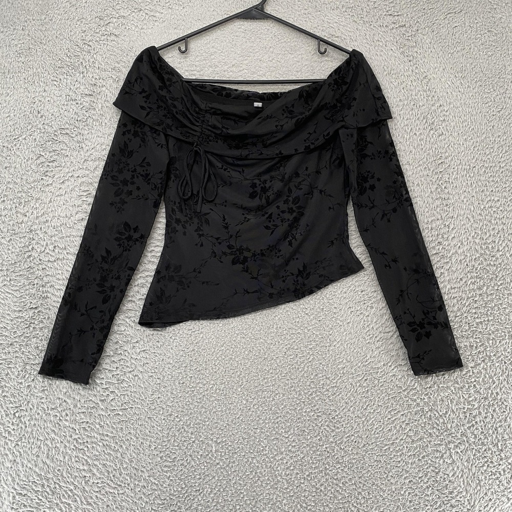 7 Day Weekend Top Womens Medium Black Off Shoulder Floral Velvet Mesh Whimsigoth
